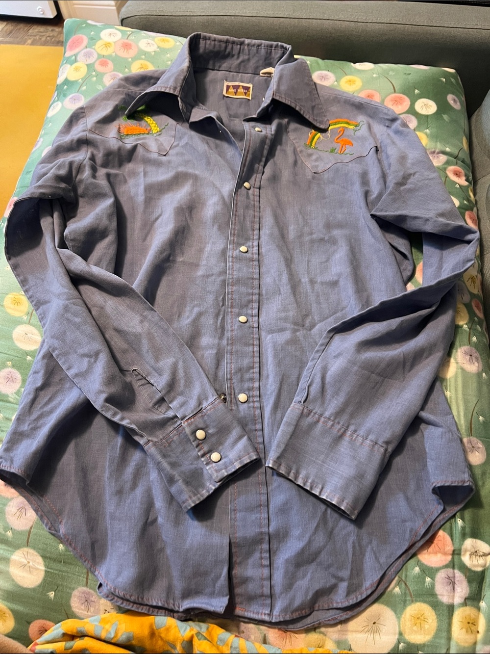 Vintage Blue Embroidered Western Button-Up Shirt